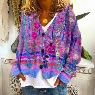 Damen Floral Strickcardigan | Mit Knopfleiste