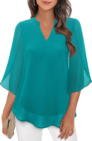 Damen Elegante Luftige Tunika Bluse | V-Ausschnitt Halbarm
