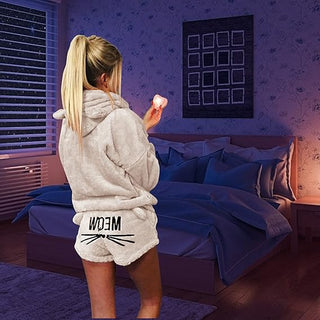 Damen-Pyjama-Set | Kapuzenpullover und Kurze Hosen mit Katzenmotiv
