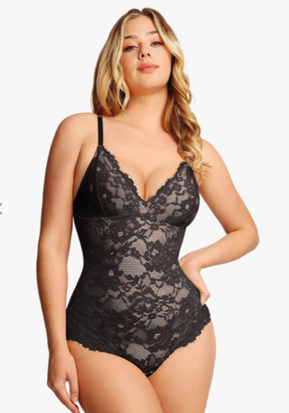 Elina | Damen Figurformender Spitzen-Body | Tailliert Schwarz