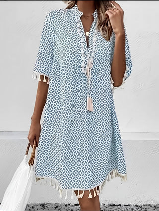 Damenkleid mit Druck und Fransen | Lockere Passform