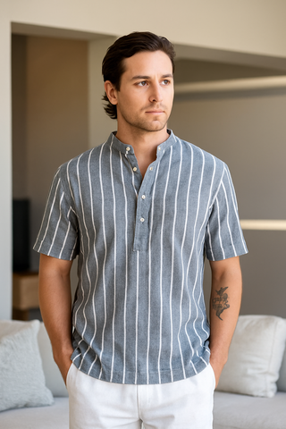 Nico | Herren Gestreiftes Kurzarmshirt | Sommerleicht Grau