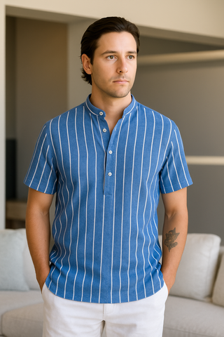 Nico | Herren Gestreiftes Kurzarmshirt | Sommerleicht Blau