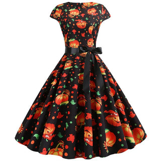 Damen Halloween Midi Kleid | Gruseliges Kürbis-Muster