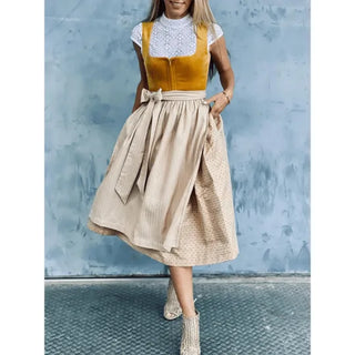 Damen Dirndl Kleid für das Oktoberfest | Ärmelloser Mieder & Midi Schürzenrock