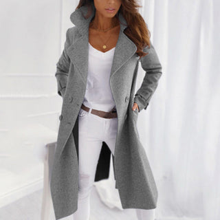 Damen Doppelreihiger langer Mantel | Breiter Revers