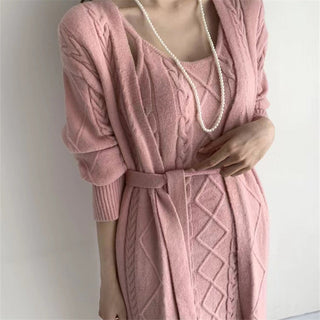 Damen Maxi-Kleid Set | Langarm mit Strickjacke