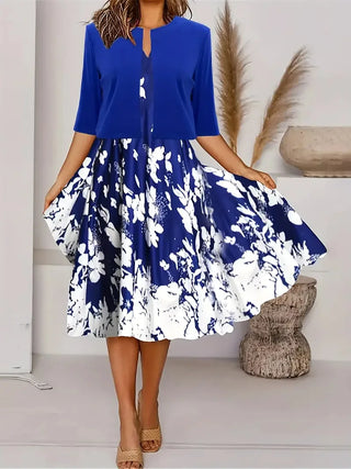 Damen Elegantes Blumen Zweiteiler Kleid mit Blazer | Midi