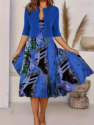 Damen Elegantes Blumen Zweiteiler Kleid mit Blazer | Midi