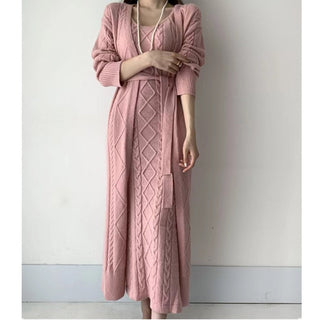 Damen Maxi-Kleid Set | Langarm mit Strickjacke