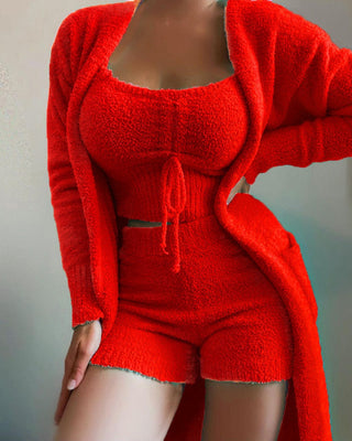 Damen 3-teiliger Lounge-Set | Bauchfreies Oberteil, Kurze Hosen und Strickjacke