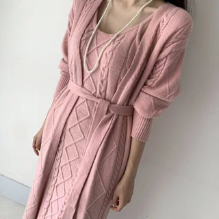 Damen Maxi-Kleid Set | Langarm mit Strickjacke