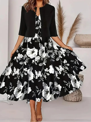 Damen Elegantes Blumen Zweiteiler Kleid mit Blazer | Midi