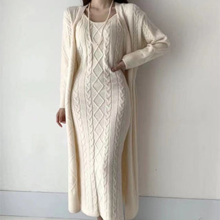 Damen Maxi-Kleid Set | Langarm mit Strickjacke