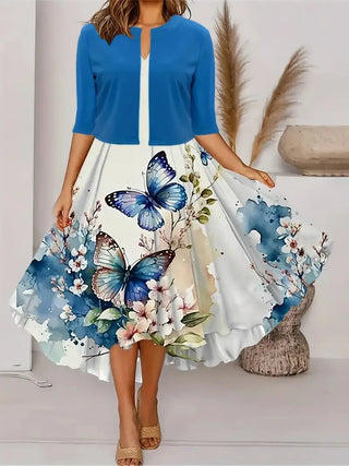 Damen Elegantes Blumen Zweiteiler Kleid mit Blazer | Midi