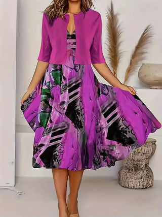 Damen Elegantes Blumen Zweiteiler Kleid mit Blazer | Midi