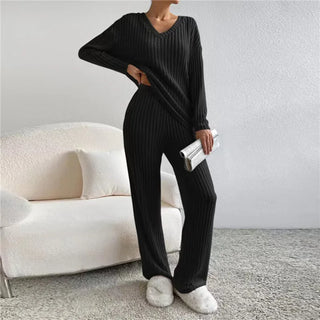 Damen Zwei-Teiliges Lounge-Set | Geripptes V-Ausschnitt