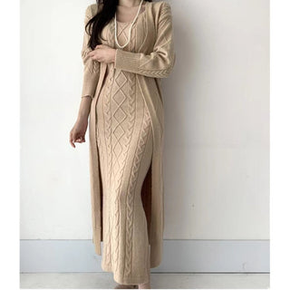 Damen Maxi-Kleid Set | Langarm mit Strickjacke
