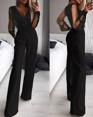 Damen Jumpsuit mit Transparenten Ärmeln | V-Ausschnitt Weites Bein