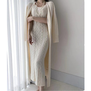 Damen Maxi-Kleid Set | Langarm mit Strickjacke