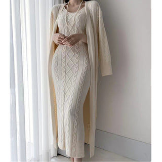 Damen Maxi-Kleid Set | Langarm mit Strickjacke