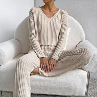 Damen Zwei-Teiliges Lounge-Set | Geripptes V-Ausschnitt