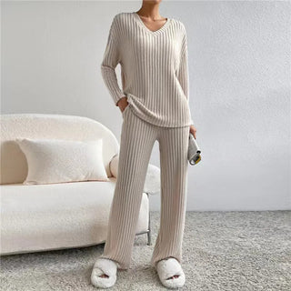 Damen Zwei-Teiliges Lounge-Set | Geripptes V-Ausschnitt