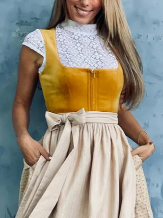 Damen Dirndl Kleid für das Oktoberfest | Ärmelloser Mieder & Midi Schürzenrock
