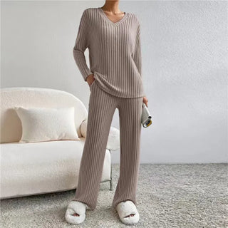 Damen Zwei-Teiliges Lounge-Set | Geripptes V-Ausschnitt