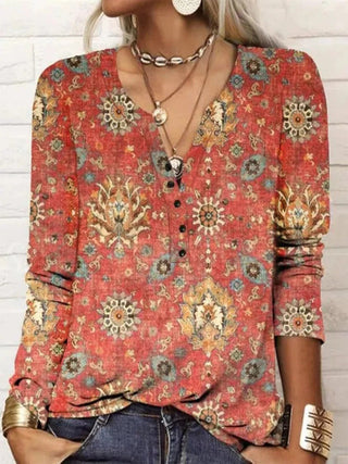 Damen Boho Bedruckte Langarmbluse | V-Ausschnitt