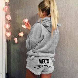Damen-Pyjama-Set | Kapuzenpullover und Kurze Hosen mit Katzenmotiv