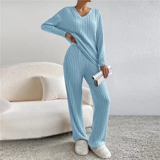 Damen Zwei-Teiliges Lounge-Set | Geripptes V-Ausschnitt