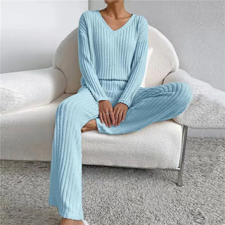 Damen Zwei-Teiliges Lounge-Set | Geripptes V-Ausschnitt