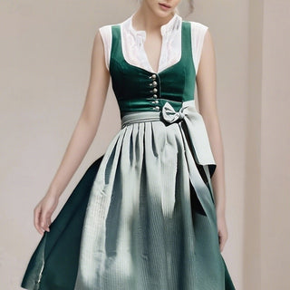 Damen Dirndl Kleid für das Oktoberfest | Mieder mit gestreiftem Midi-Schürze