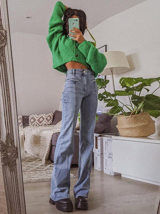 Damen Slim Fit Jeans mit Ausgestellt am Saum | Hohe Taille
