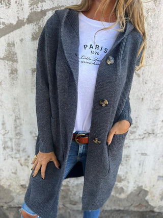 Damen Langer Knopf-Cardigan | Mit Kapuze