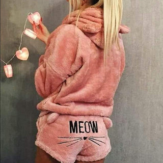 Damen-Pyjama-Set | Kapuzenpullover und Kurze Hosen mit Katzenmotiv