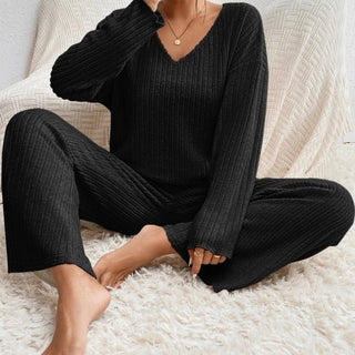 Women's Rib Lounge Set | V-Neck & Wide Legs