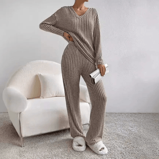 Women's Rib Lounge Set | V-Neck & Wide Legs