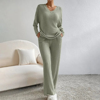 Women's Rib Lounge Set | V-Neck & Wide Legs
