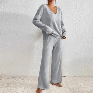 Women's Rib Lounge Set | V-Neck & Wide Legs