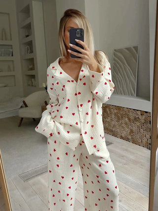Women's Pajama Set with Heart Pattern | Long Sleeve