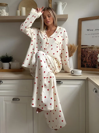 Women's Pajama Set with Heart Pattern | Long Sleeve