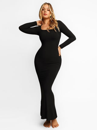 Shapewear Soft Modal Sculpting Dresses Long Sleeve Maxi Dress Black