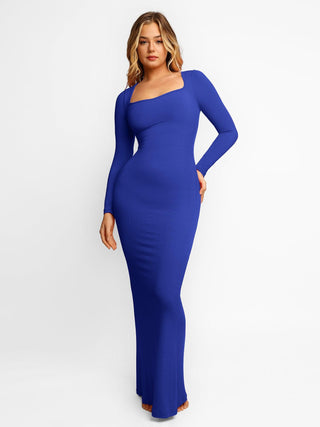 Shapewear Soft Modal Sculpting Dresses Long Sleeve Maxi Dress Blue