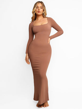 Shapewear Soft Modal Sculpting Dresses Long Sleeve Maxi Dress Light Brown