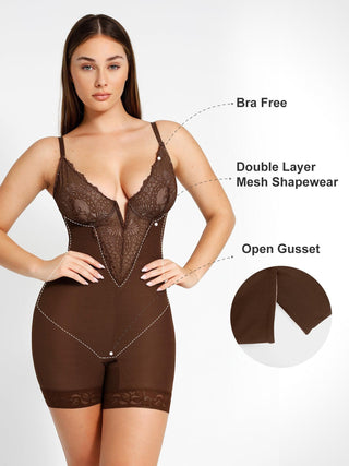 Shapewear Lace Deep-V Neck Bodysuits or Faux Leather Skirts
