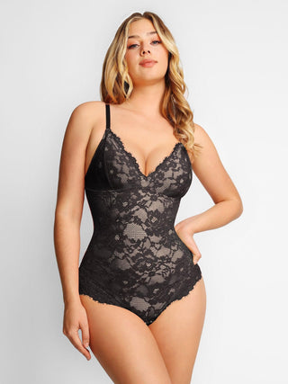 Shapewear Lace Deep-V Neck Bodysuits or Faux Leather Skirts Full Lace Black