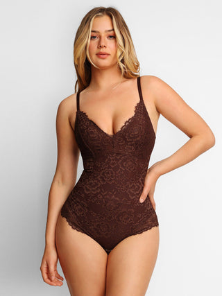 Shapewear Lace Deep-V Neck Bodysuits or Faux Leather Skirts Full Lace Brown