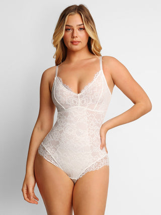 Shapewear Lace Deep-V Neck Bodysuits or Faux Leather Skirts Full Lace White